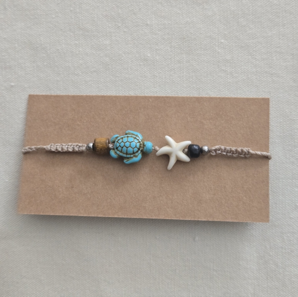 New Handmade Turtle and Starfish Bracelet - Tan and Blue